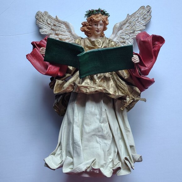 Antique Angel Figurine With Wings Holding Green Scroll & Red Ribbon Accents - Picture 4 of 16